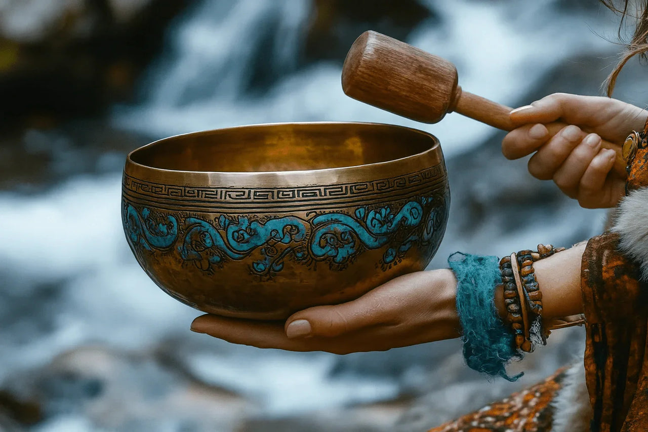 Handcrafted Himalayan singing bowl with OM design for meditation and sound healing