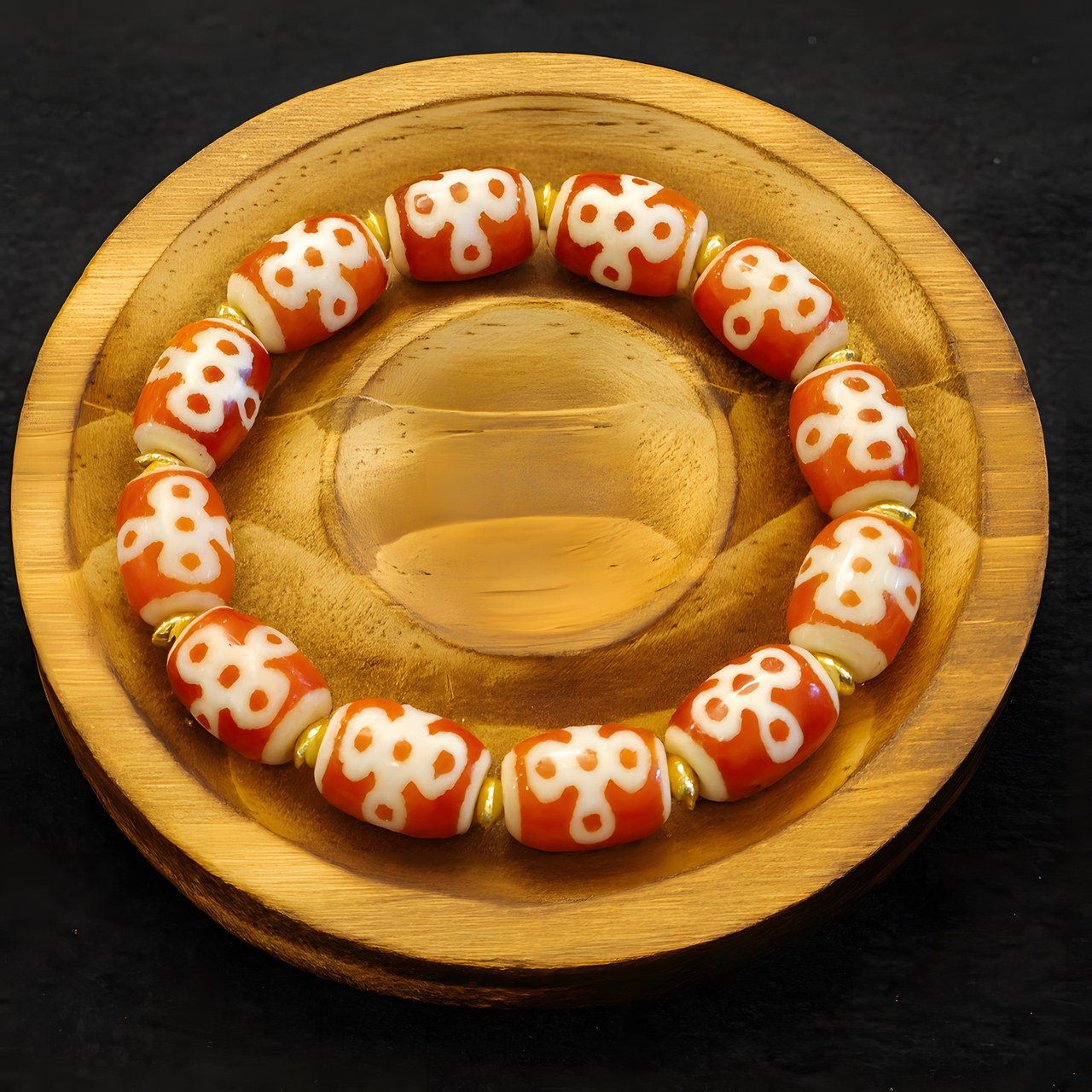 Tibetan Natural Agate Dzi Bracelet — 5A Red-Core, Five-Eye “Lightning” Pattern