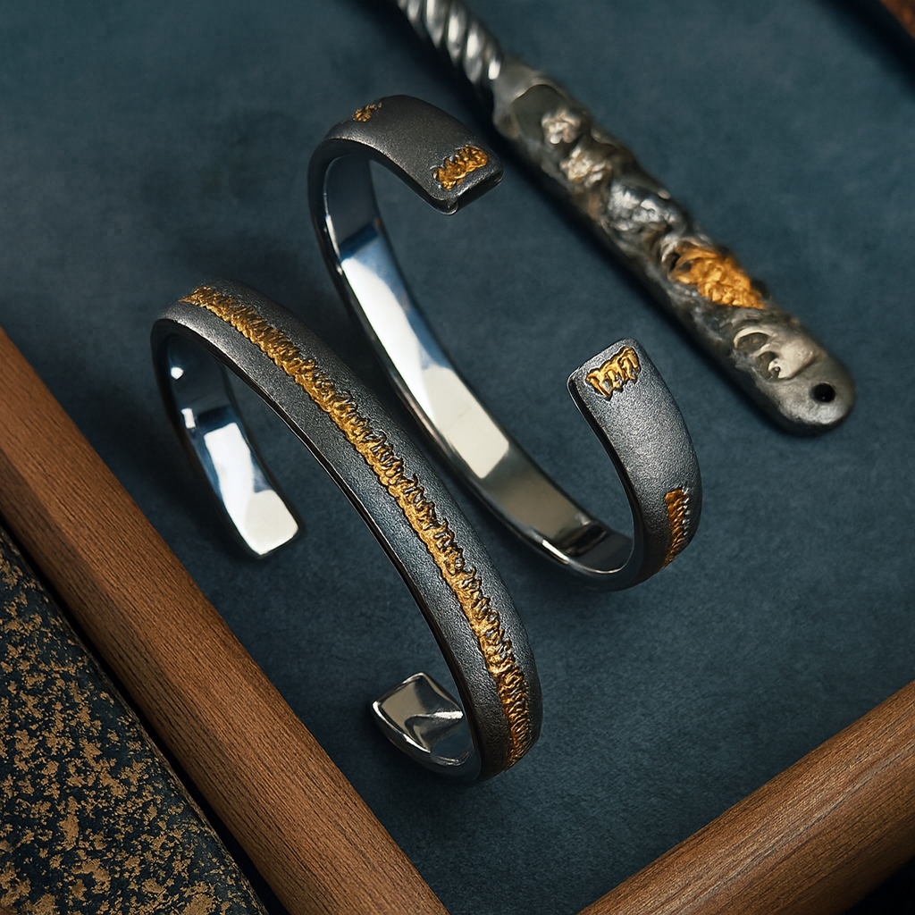 Handmade Tibetan “Sacred Fire” Bracelet in 24K Gold & Meteoric Iron (Iron-Cut Gilding, Unisex)