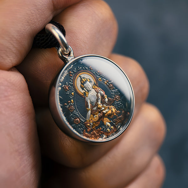 Ksitigarbha Round Thangka Pendant Necklace (Unisex) – Meteor Iron + 24K Heritage Goldwork (25mm) – Design #1