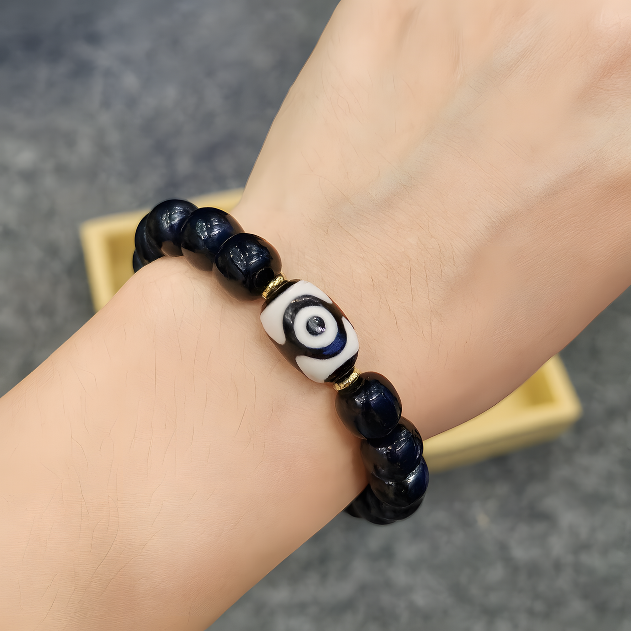 Tibetan Natural Agate Dzi Bracelet — 3A “Black Warrior” Two-Eye