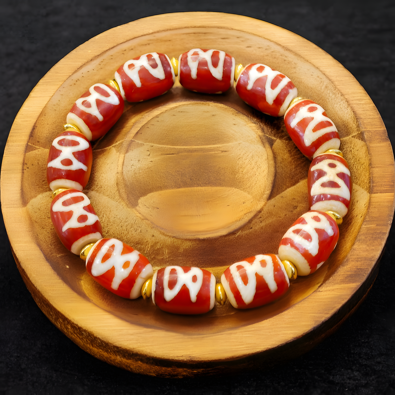 Tibetan Natural Agate Dzi Bracelet — 5A Red-Core “God of Wealth (Caishen)” Bead