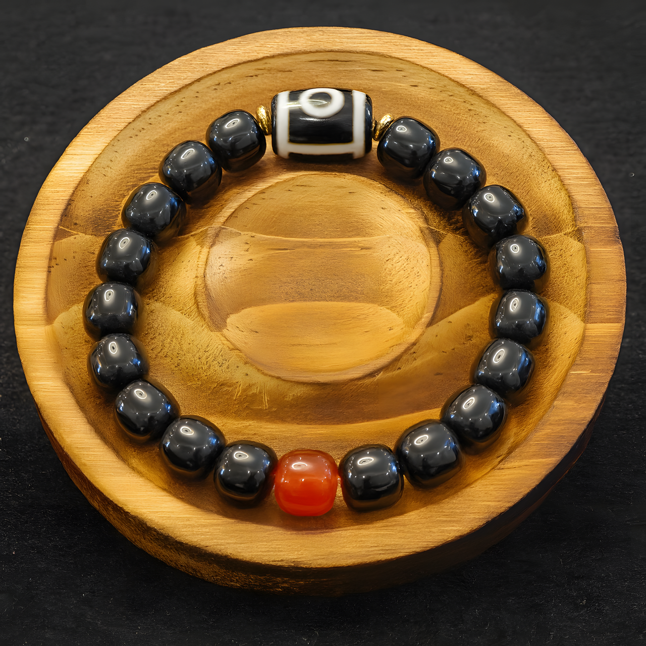 Tibetan Natural Agate Dzi Bracelet — 3A “Black Warrior” Two-Eye