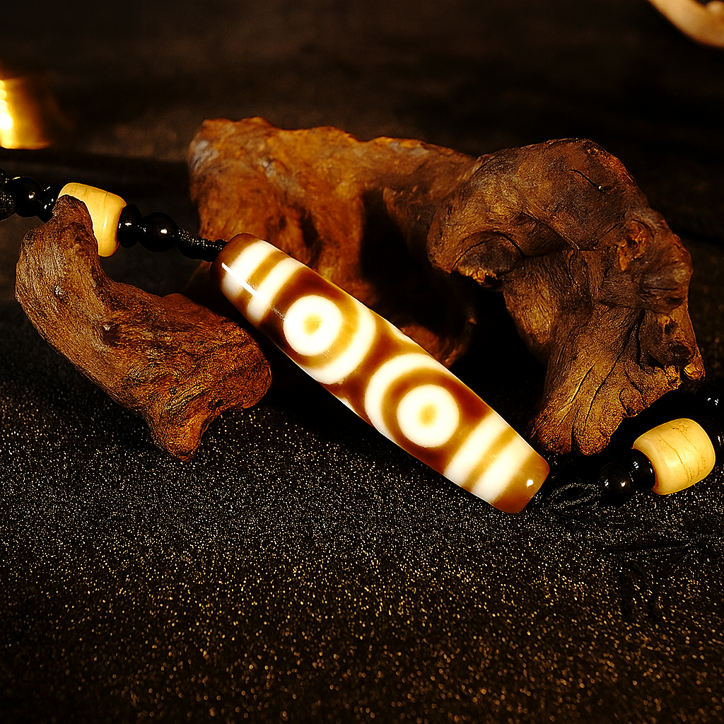 Three-Eyed Dzi Bead – 2.28 inch (58mm) (Blessing of Wealth & Abundance)