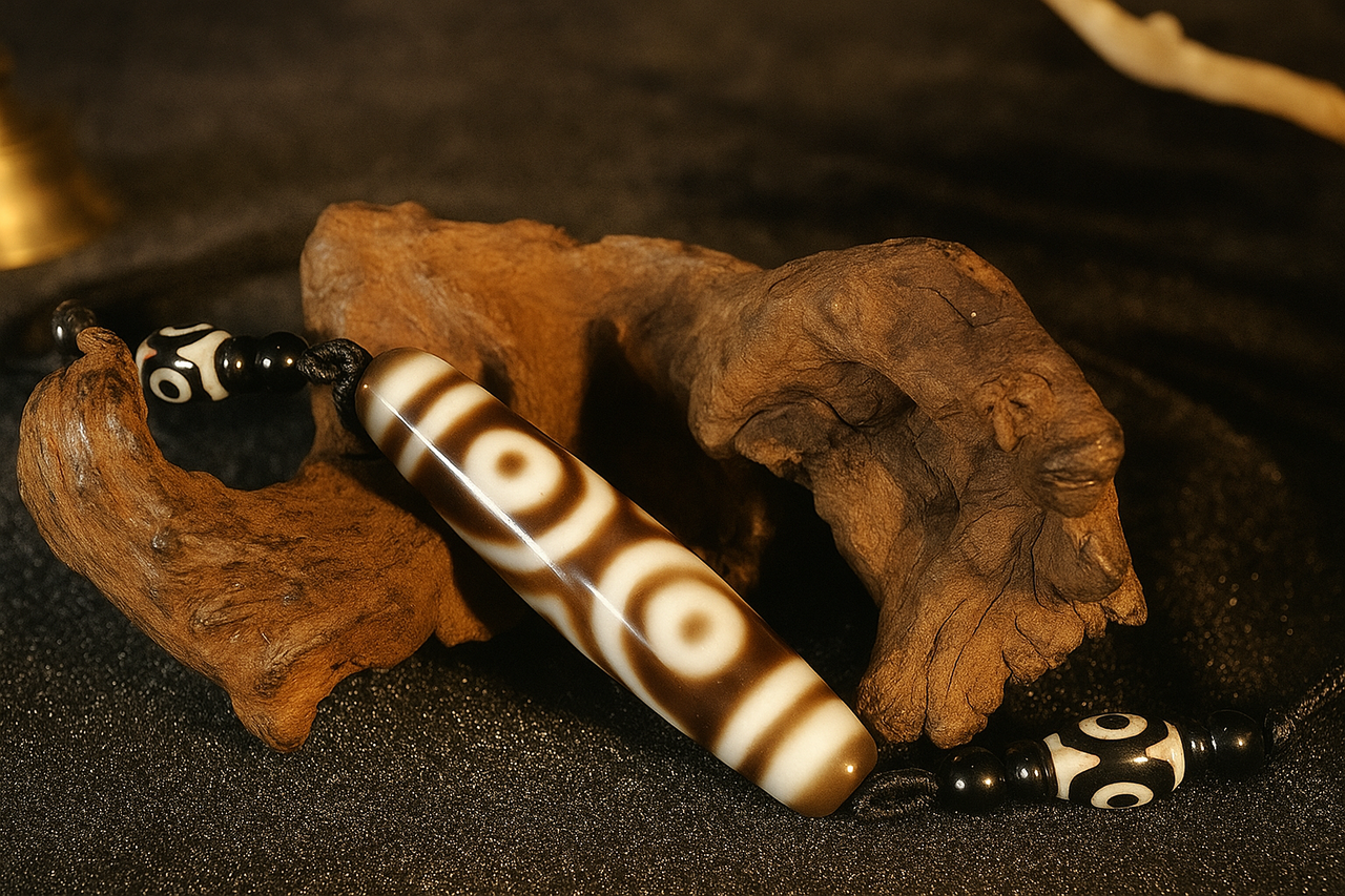 Three-Eyed Dzi Bead – 2.28 inch (58mm) (Blessing of Wealth & Abundance)