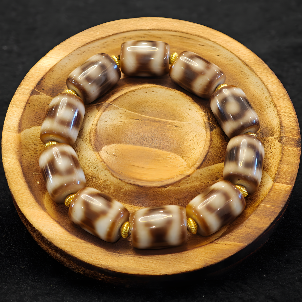 Tibetan Natural Agate Dzi Bracelet — 3A Black-Gold “Mandala” Three-Eye