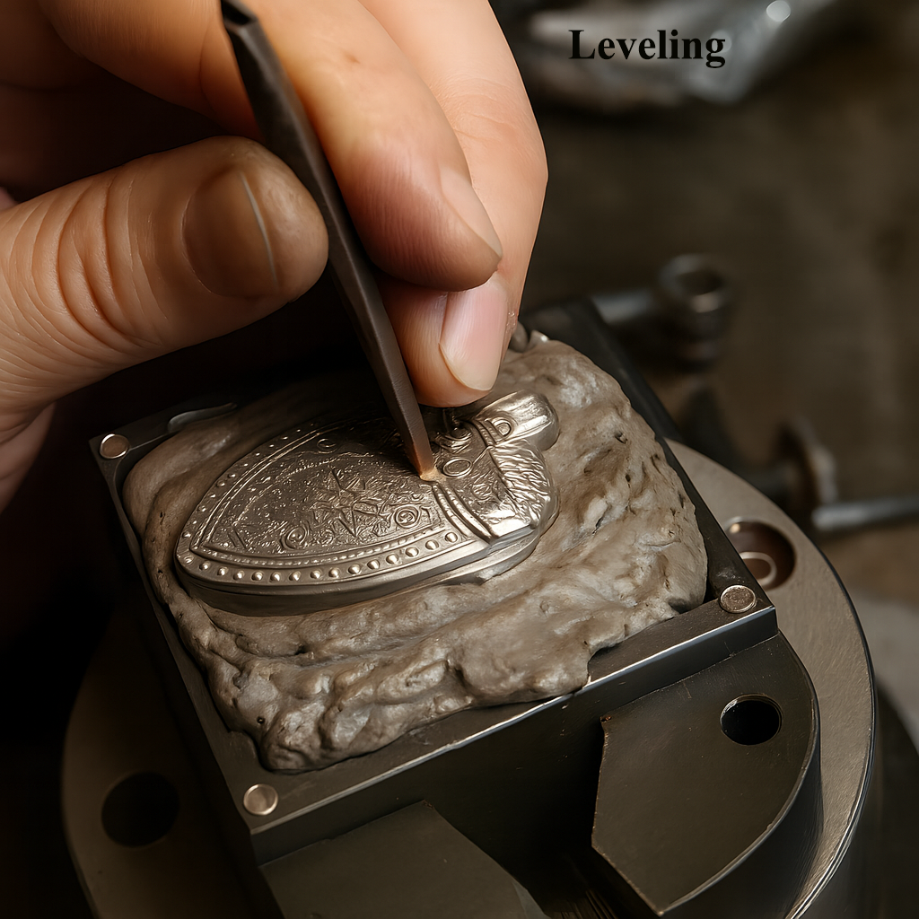 Agate tool leveling and final polishing revealing natural gold and iron contrast without dyes