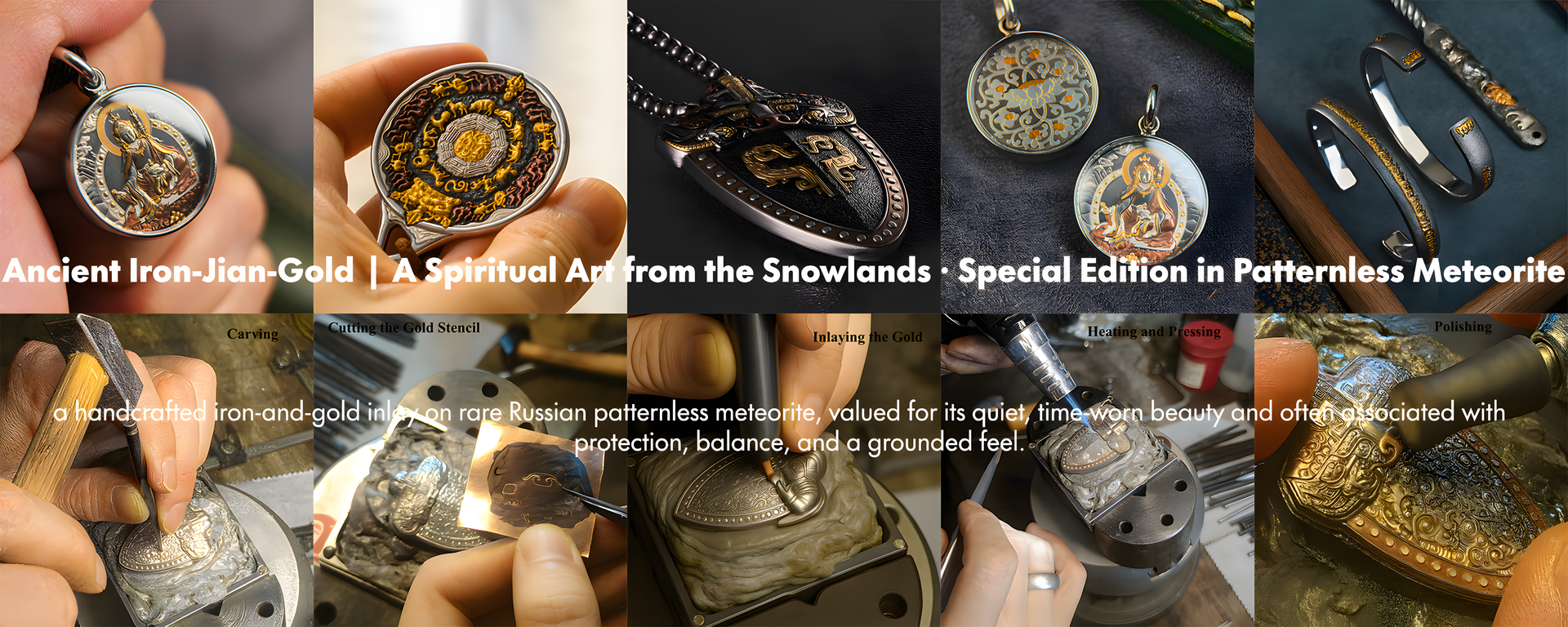 Ancient iron and gold inlay artwork crafted on patternless meteorite with detailed metalworking process