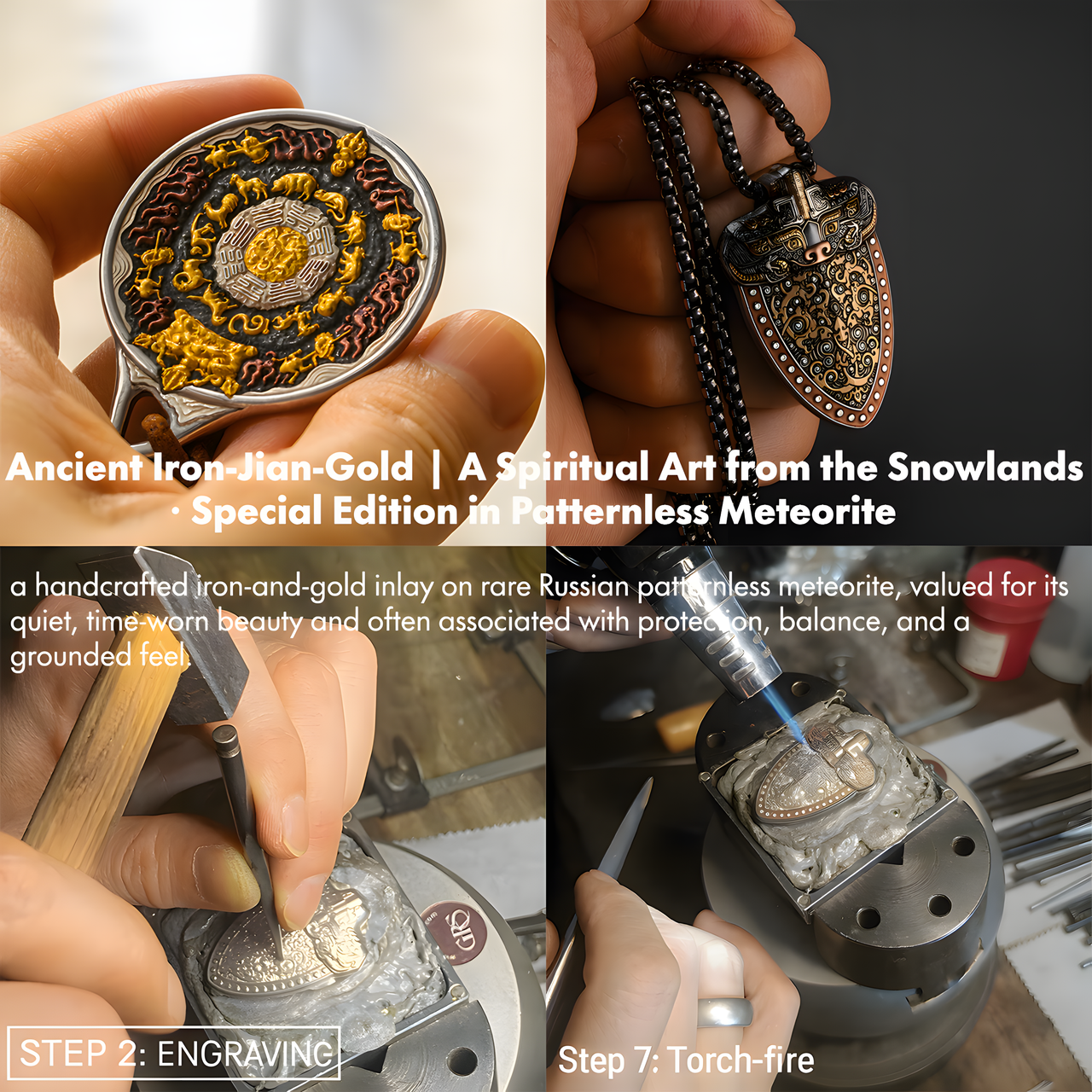 Ancient iron and gold inlay artwork crafted on patternless meteorite with detailed metalworking process