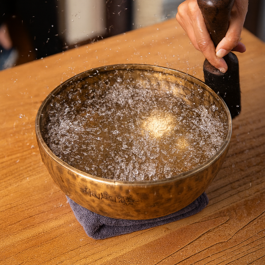 Authentic Himalayan singing bowl displayed as spiritual decor and sound healing instrument