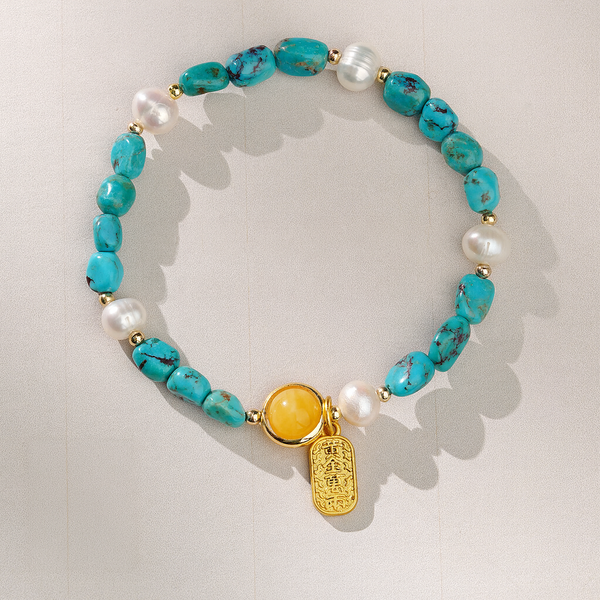Himalayan Turquoise & Pearl Bracelet – “Golden Jade in Full Bloom”
