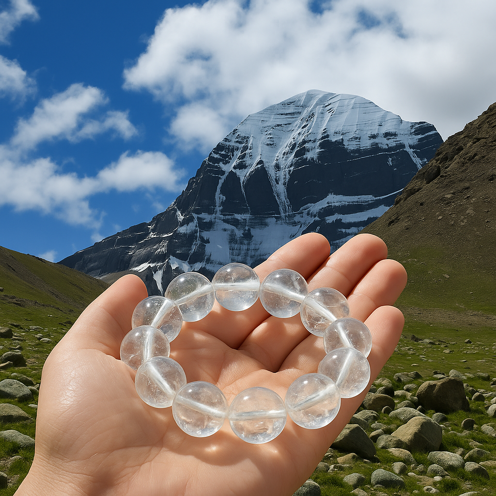 Clear Himalayan quartz bracelet held beneath Mount Kailash, snow peak and blue sky, symbolizing purity and sacred energy