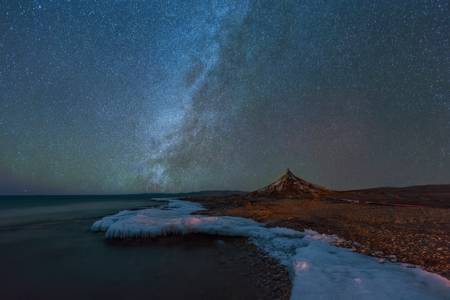 Clear blue waters of Namtso Lake in the Himalayas