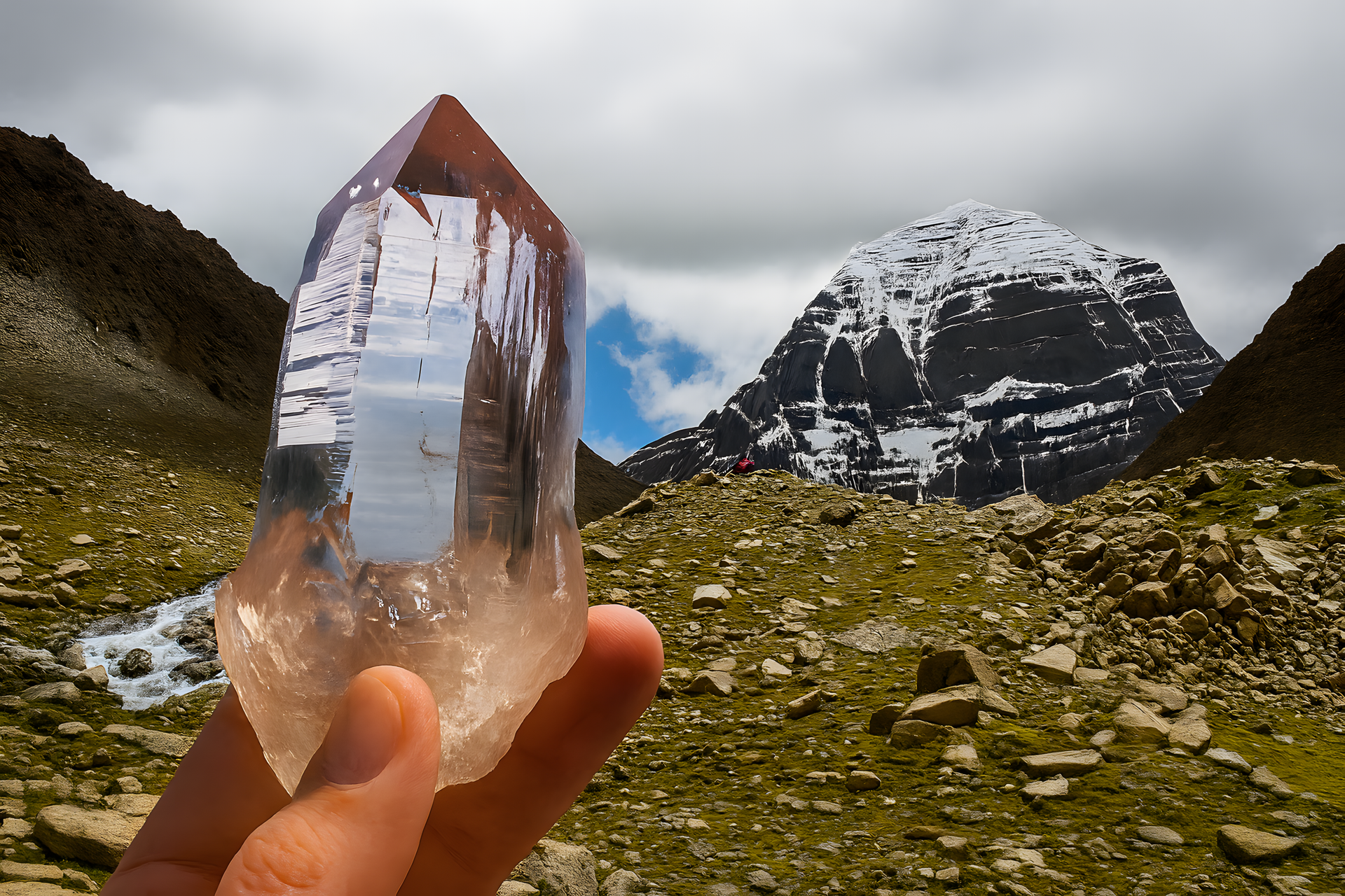 Clear crystal held in front of a mountainous landscape with a cloudy sky.