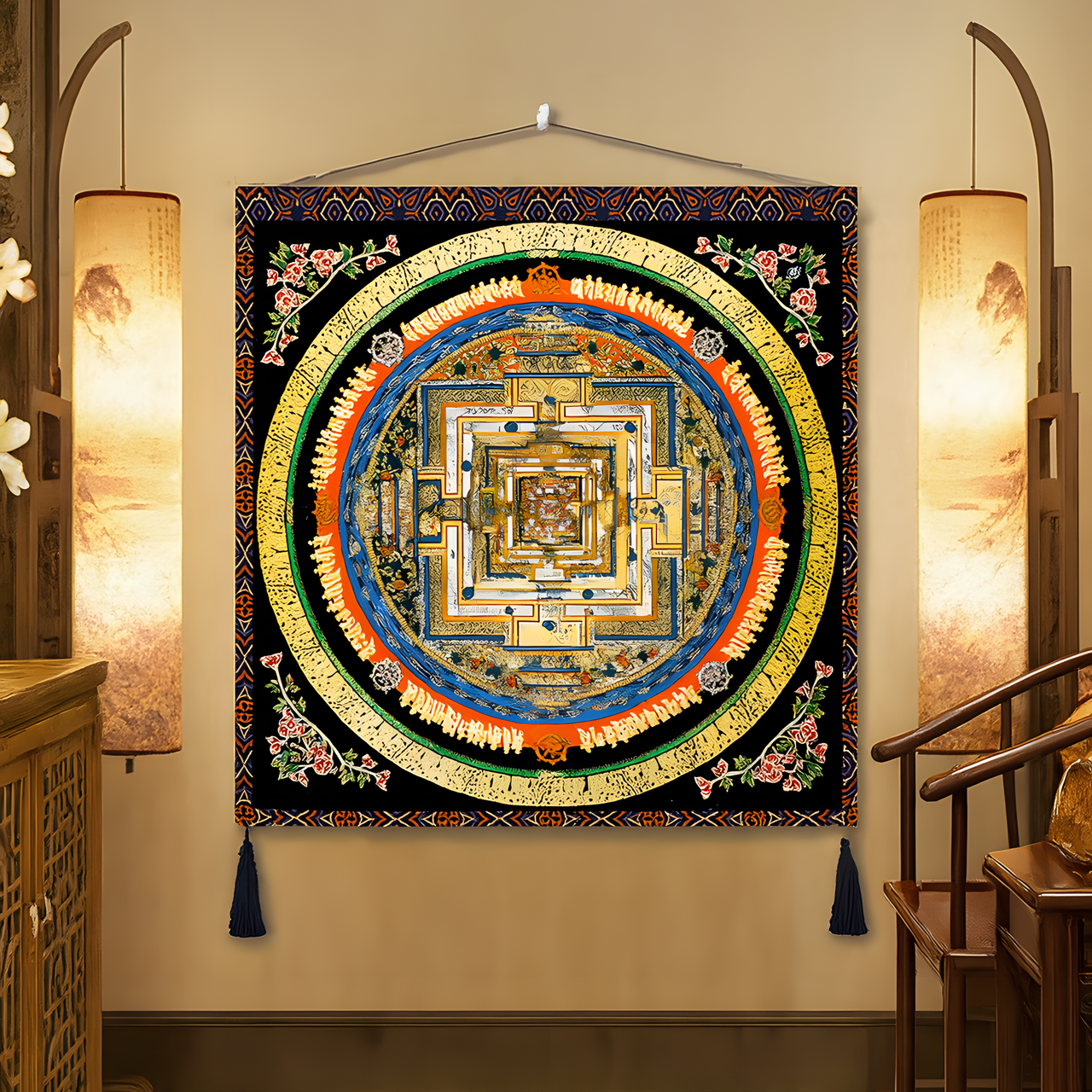 Close-up detail of mandala wall tapestry showing rich texture and symbolic spiritual patterns
