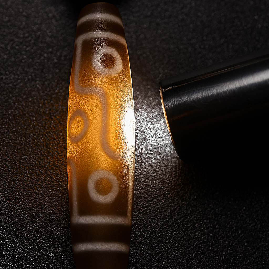 Close-up of authentic Tibetan two-eye Dzi bead showing natural agate patterns and sacred twin-eye symbolism