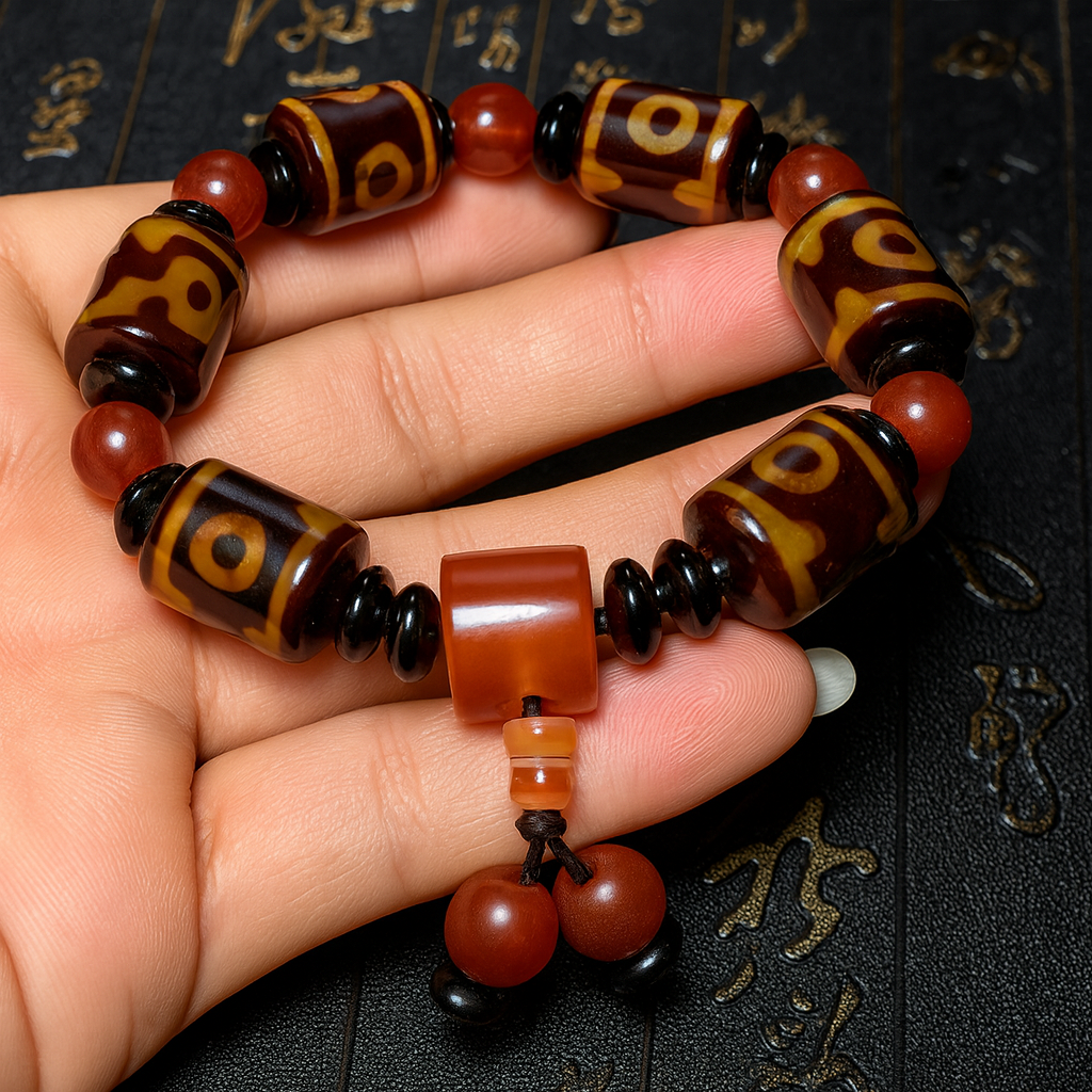 Close-up of natural agate Dzi beads showing traditional Tibetan eye motifs and organic stone texture