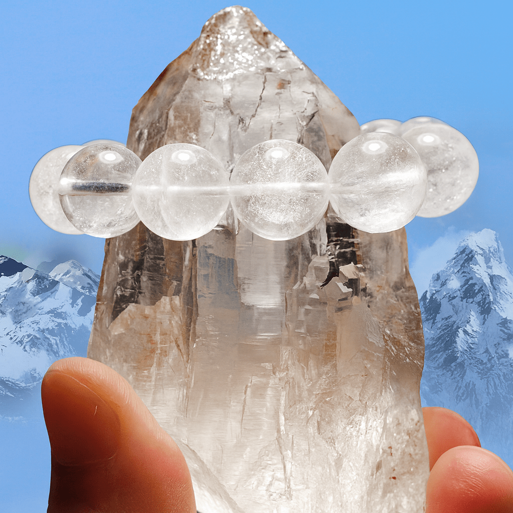 Close-up of transparent Himalayan clear quartz beads showcasing natural inclusions and raw mountain energy