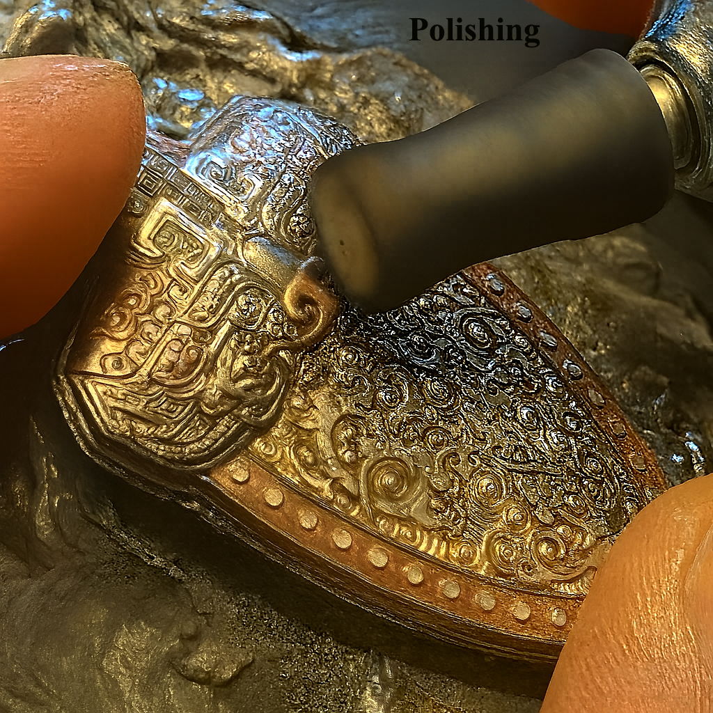 Final polishing of meteor iron and 24K gold inlay revealing natural contrast and luminous finish