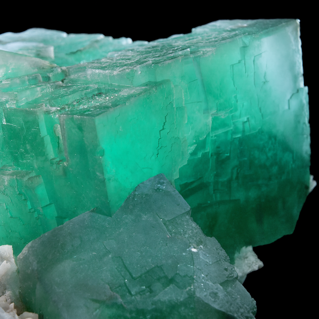 Green fluorite crystal with cubic formations on dark background