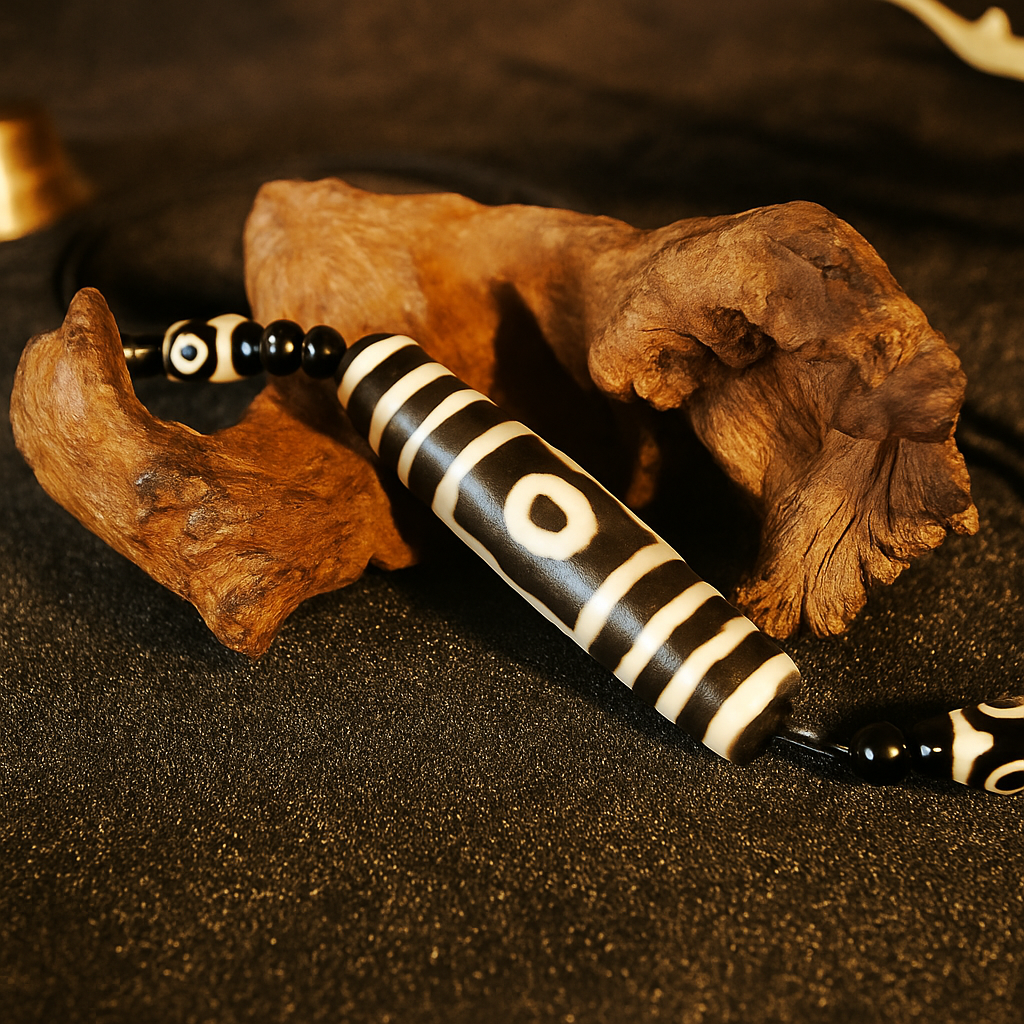 Hand-polished Tibetan Dzi bead pendant with earthy agate tones, representing love, unity, and spiritual alignment