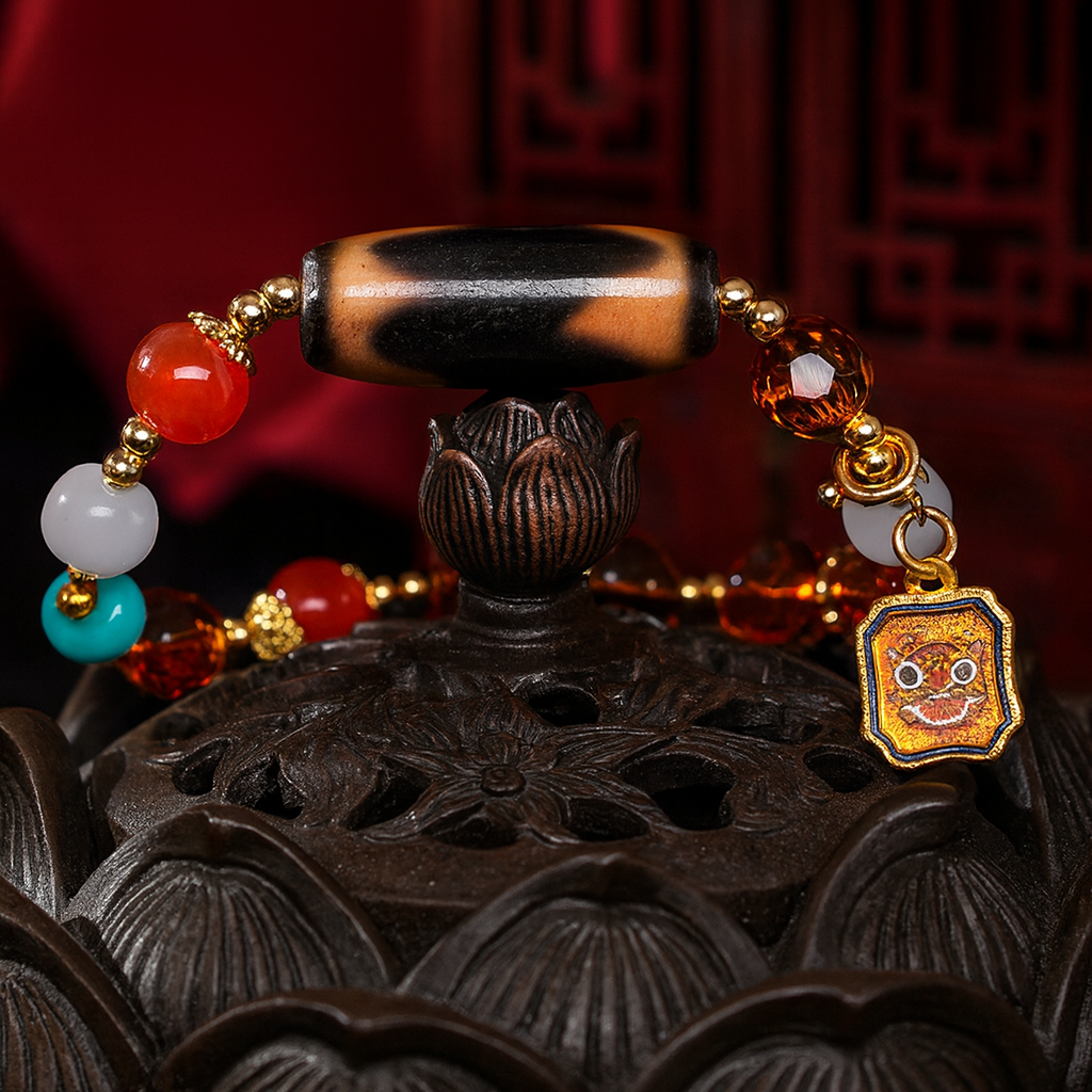 Hand-strung Tibetan Dzi bracelet inspired by ancient Himalayan amulets for protection and balance