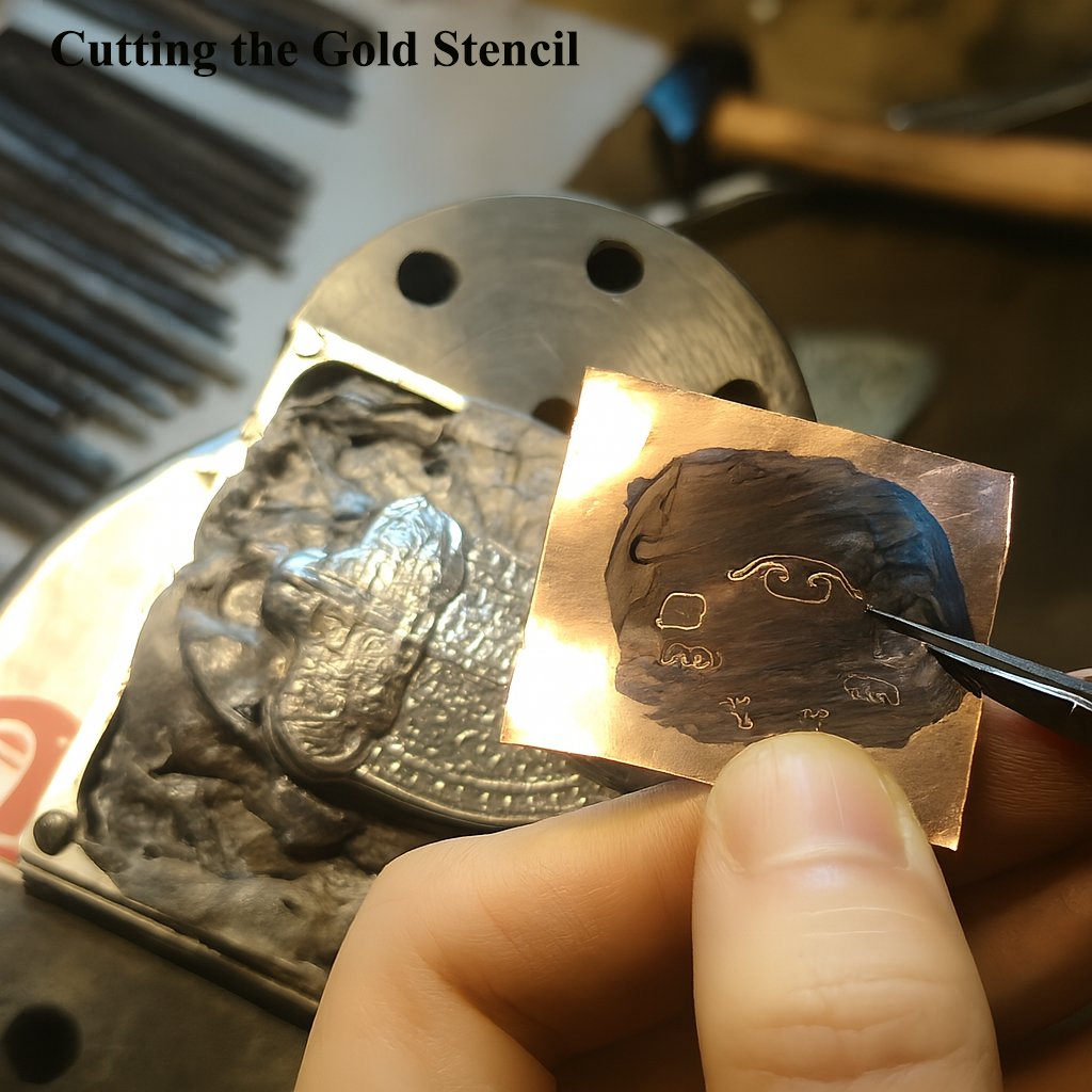 Hand embedding 24K gold foil into precision-carved meteorite channels in ancient Tibetan iron-gold inlay craftgrooves