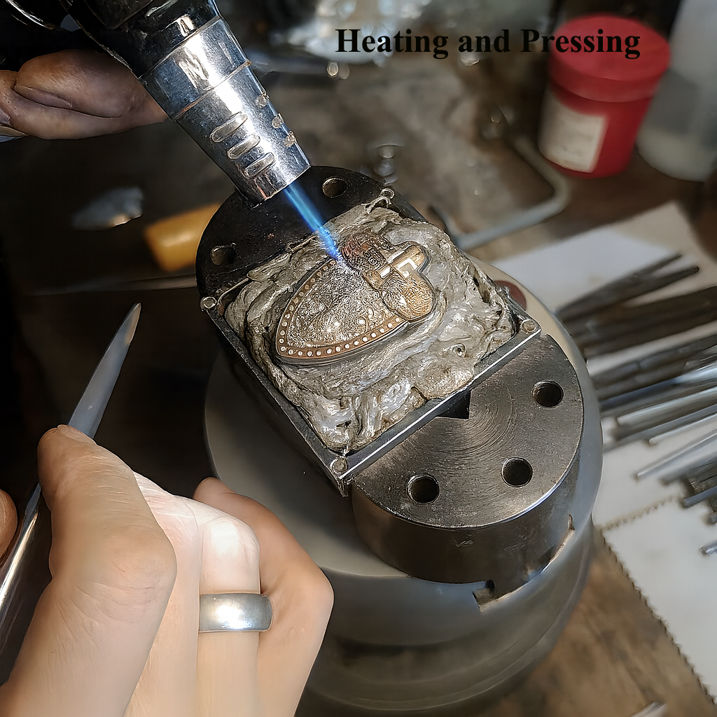 Heating and pressing process bonding gold inlay securely onto meteorite metal base