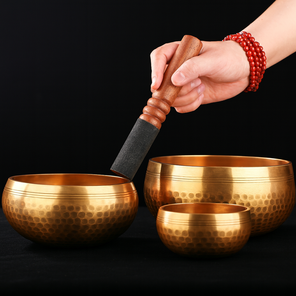 Himalayan high copper full moon singing bowl engraved with OM symbol for meditation and sound healing