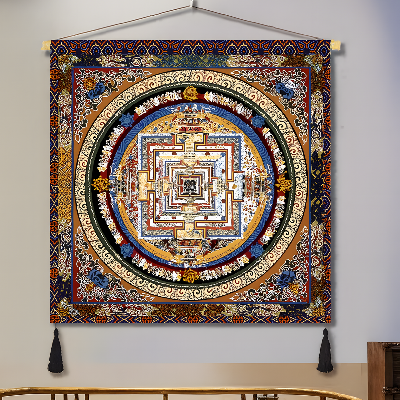 Himalayan mandala tapestry wall hanging featuring intricate sacred geometry in thick plush design
