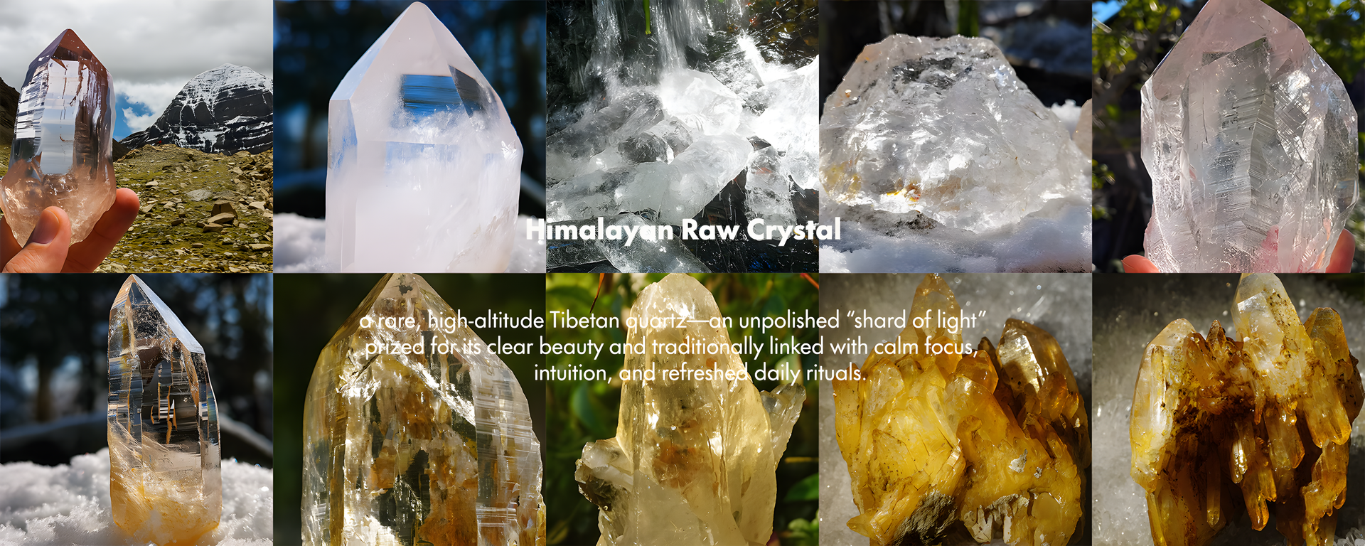 Himalayan raw crystal collage featuring natural Tibetan quartz in unpolished form
