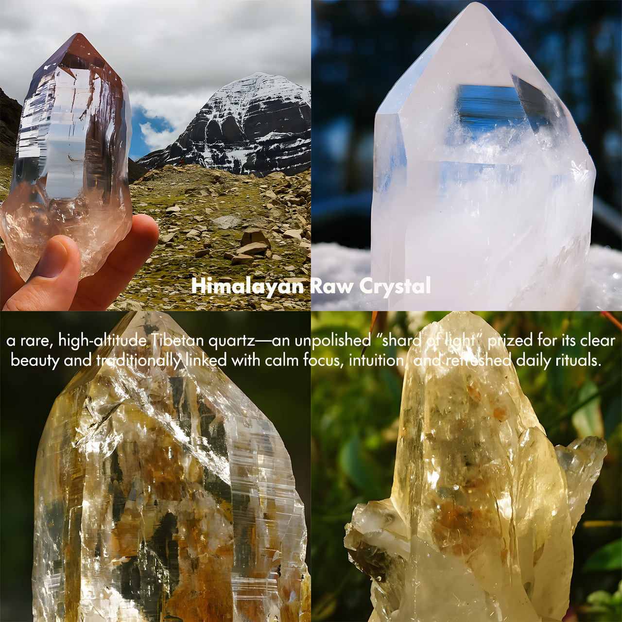 Himalayan raw crystal collage featuring natural Tibetan quartz in unpolished form