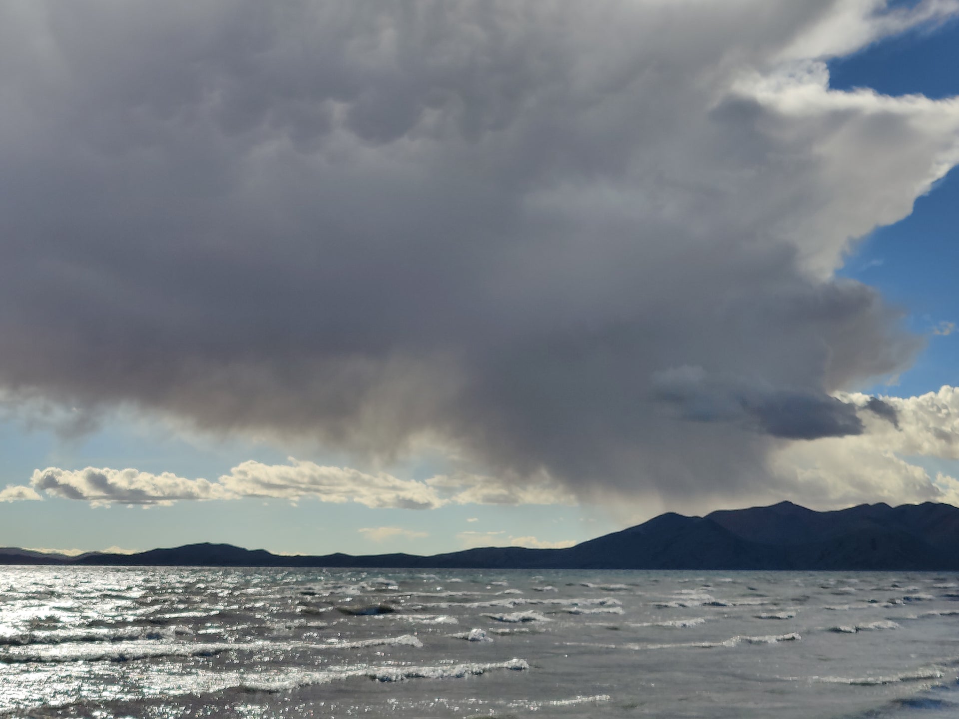 Lake Rakshastal with Himalayan mountains in the distance