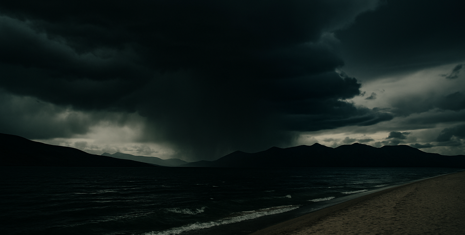Lake Rakshastal beneath Mount Kailash under dramatic storm clouds on the Tibetan Plateau
