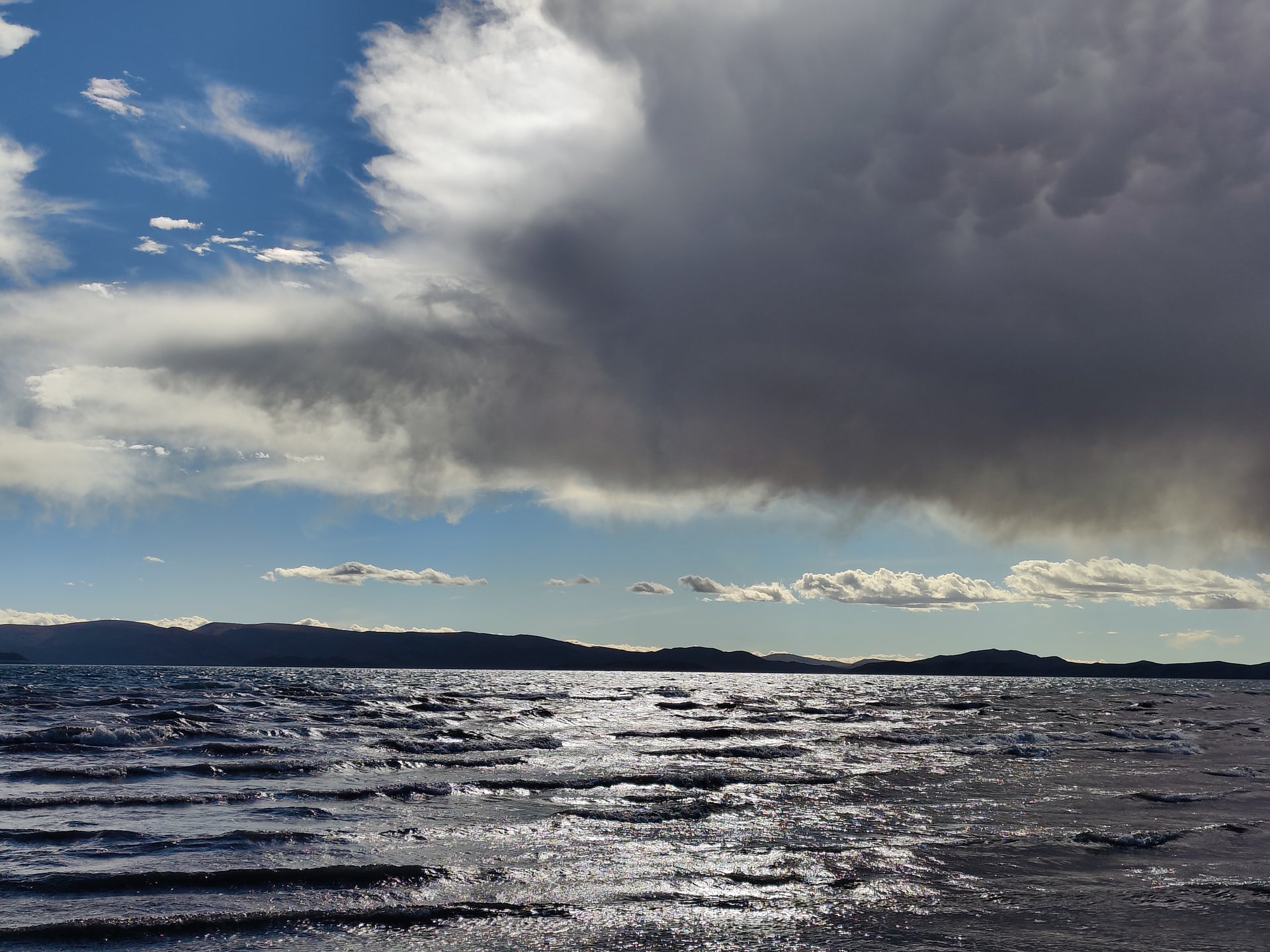 Lake Rakshastal beneath heavy clouds in western Tibet