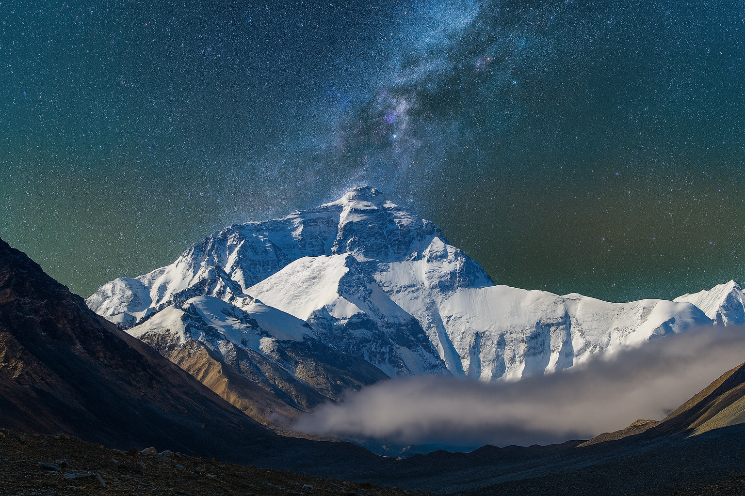 Mount Everest summit beneath a star-filled Himalayan sky