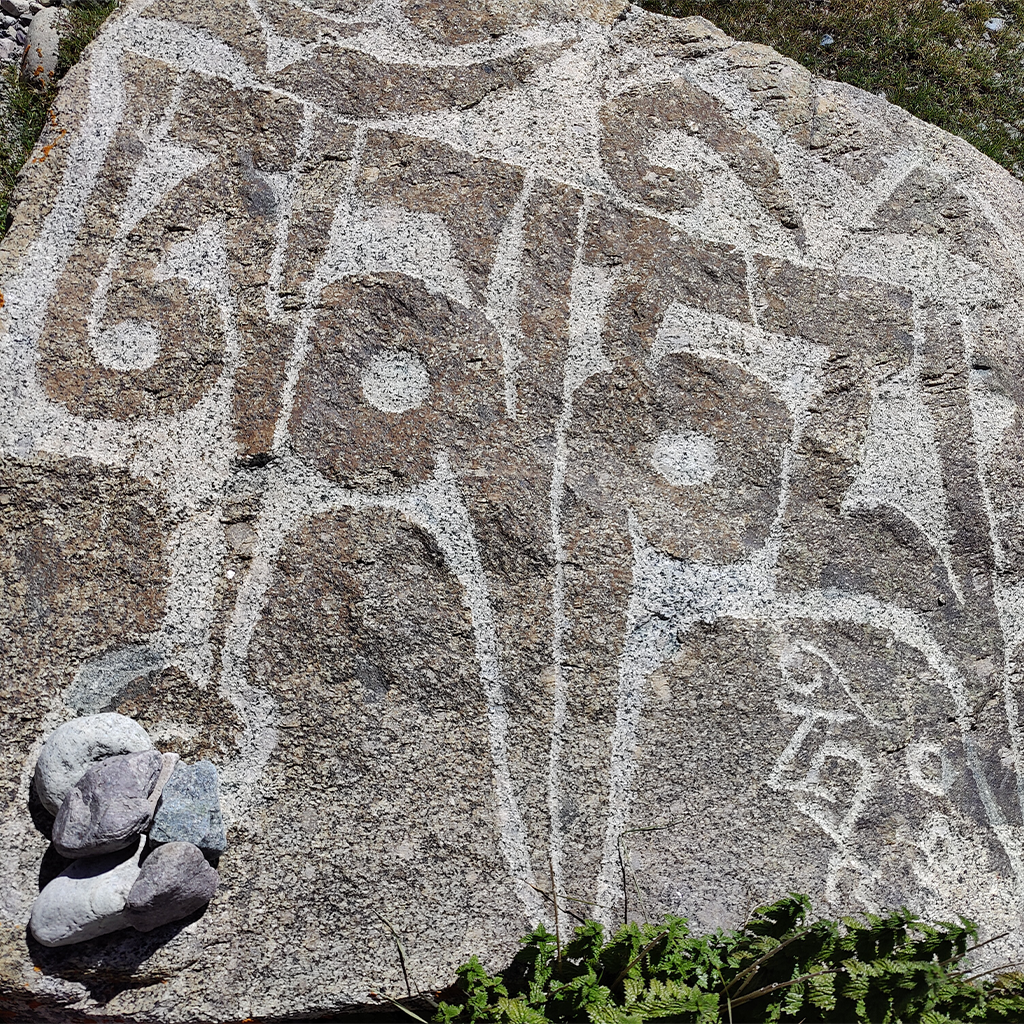 Ancient rock carvings with circular symbols near Mount Kailash in western Tibet