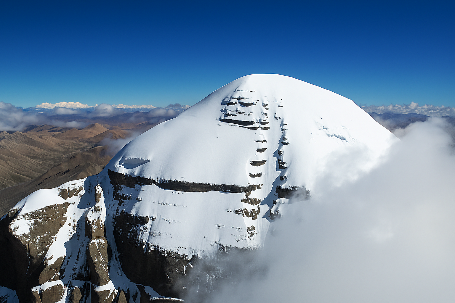 Mount Kailash symmetrical summit viewed from the Tibetan plateau