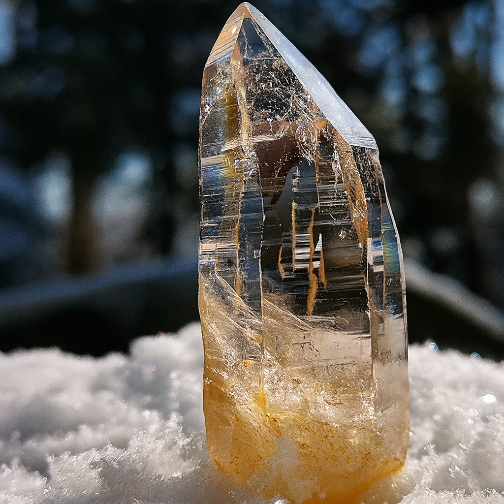 Natural Himalayan clear quartz piece captured with light emphasizing luminous white and transparent tones