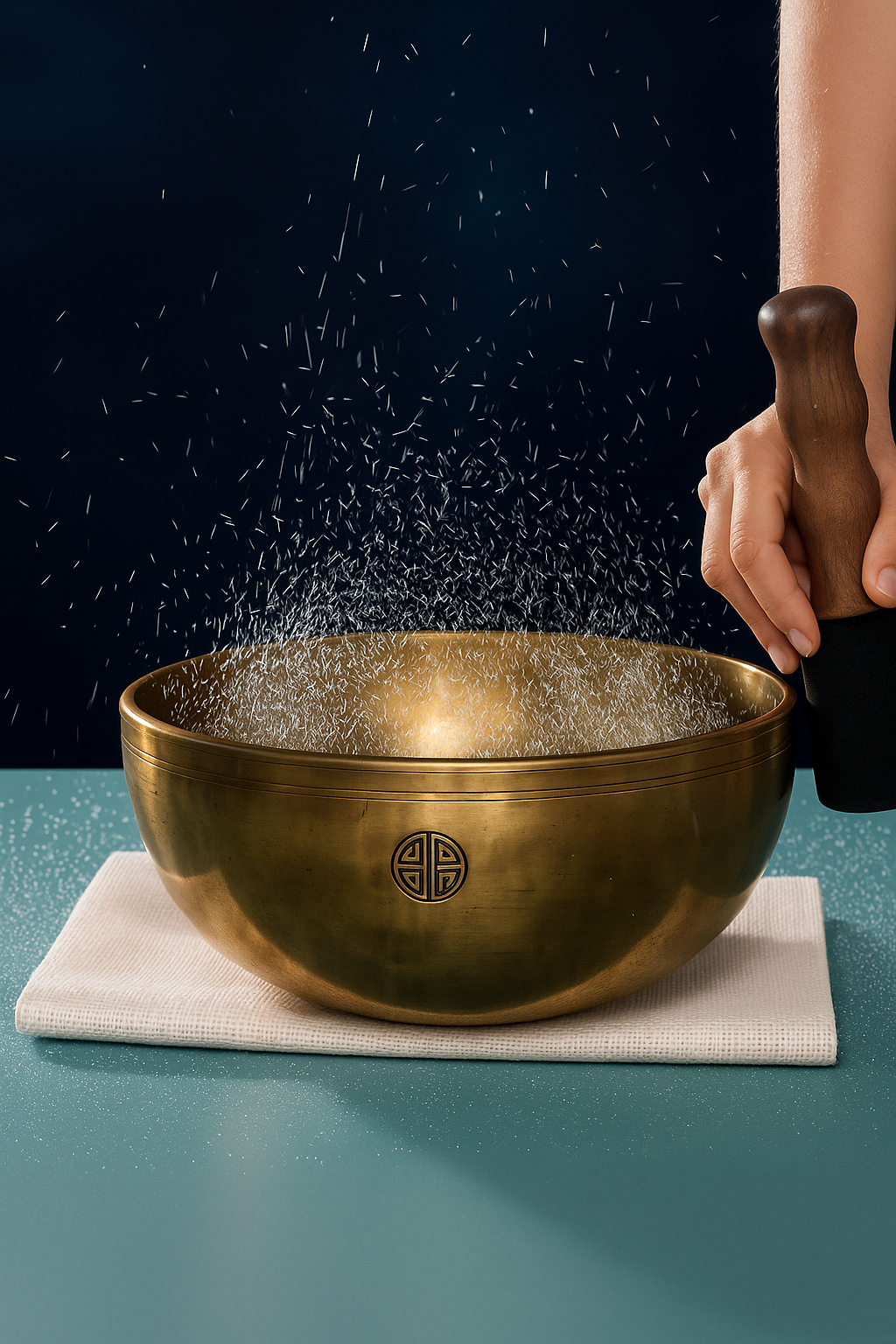 Practitioner playing Himalayan singing bowl in meditation, creating soothing vibrations for energy healing