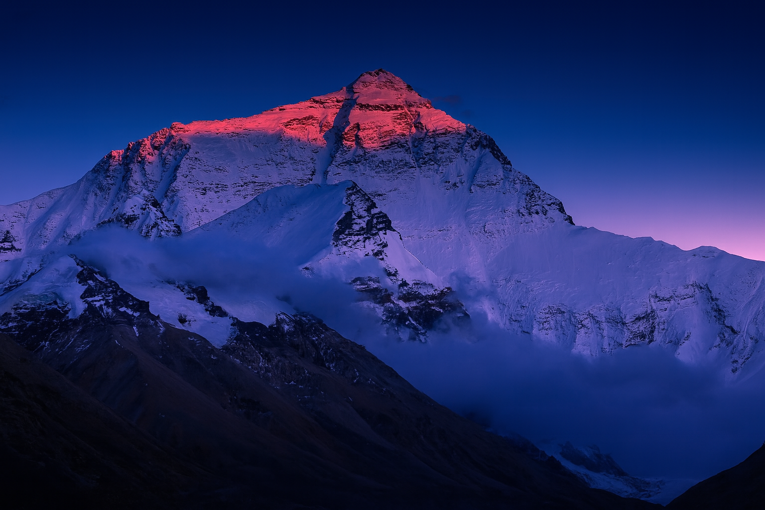 Ridge line of Mount Everest covered in snow and ice