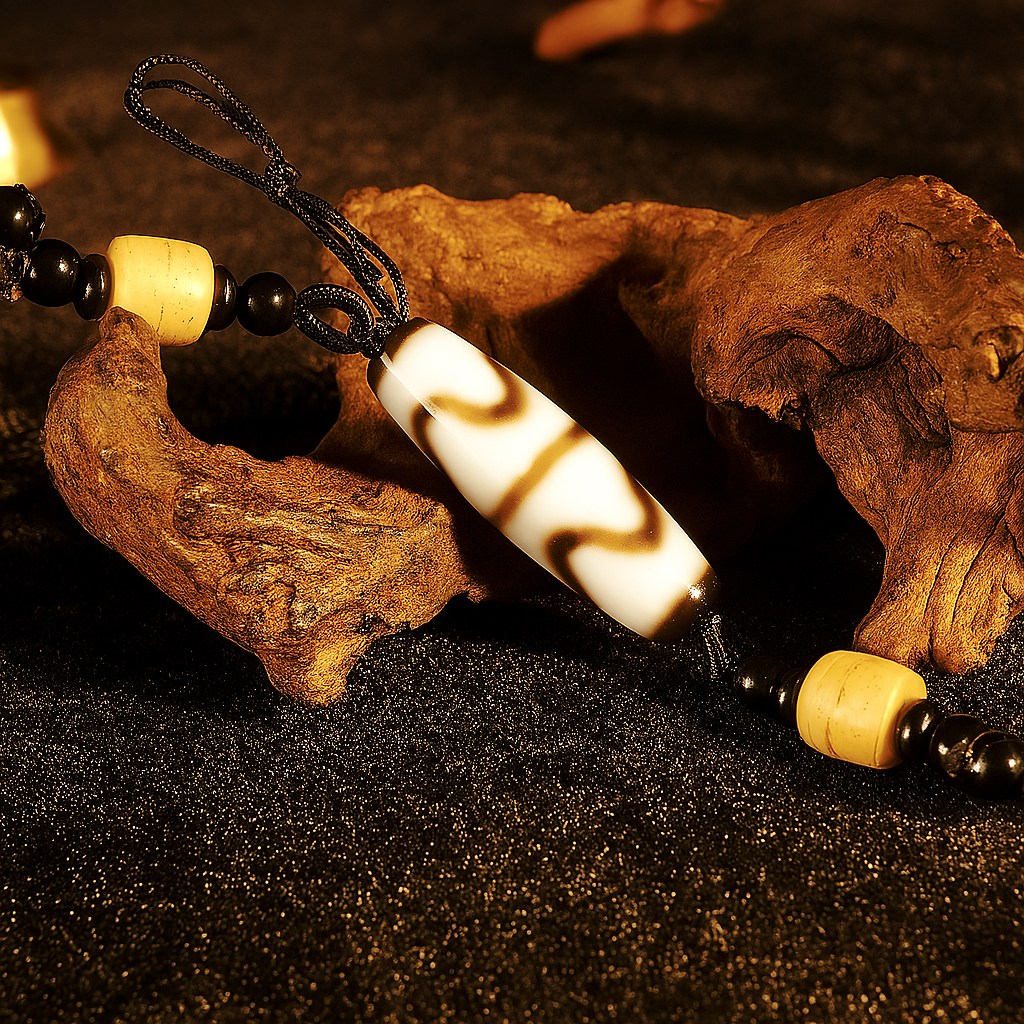 Sacred two-eyed Dzi bead amulet worn as spiritual protection jewelry inspired by ancient Himalayan culture