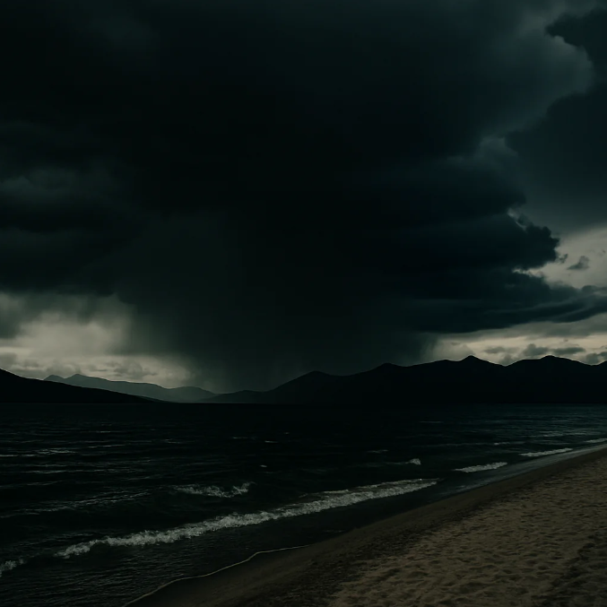 Storm clouds gathering over Lake Rakshastal in western Tibet
