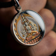 Thousand-Armed Kuan Yin meteorite pendant with Tibetan iron-cut gilded detail, thangka-inspired jewelry