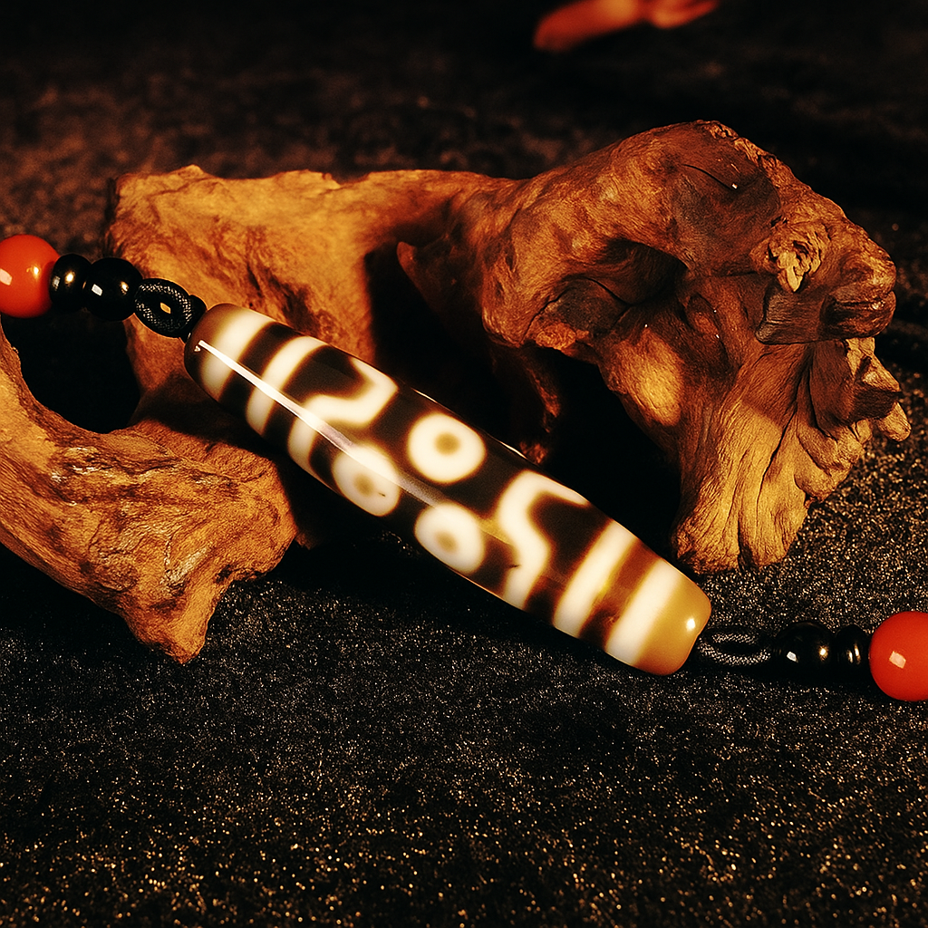 Brown and ivory Tibetan Dzi bead with traditional eye patterns on a beaded bracelet
