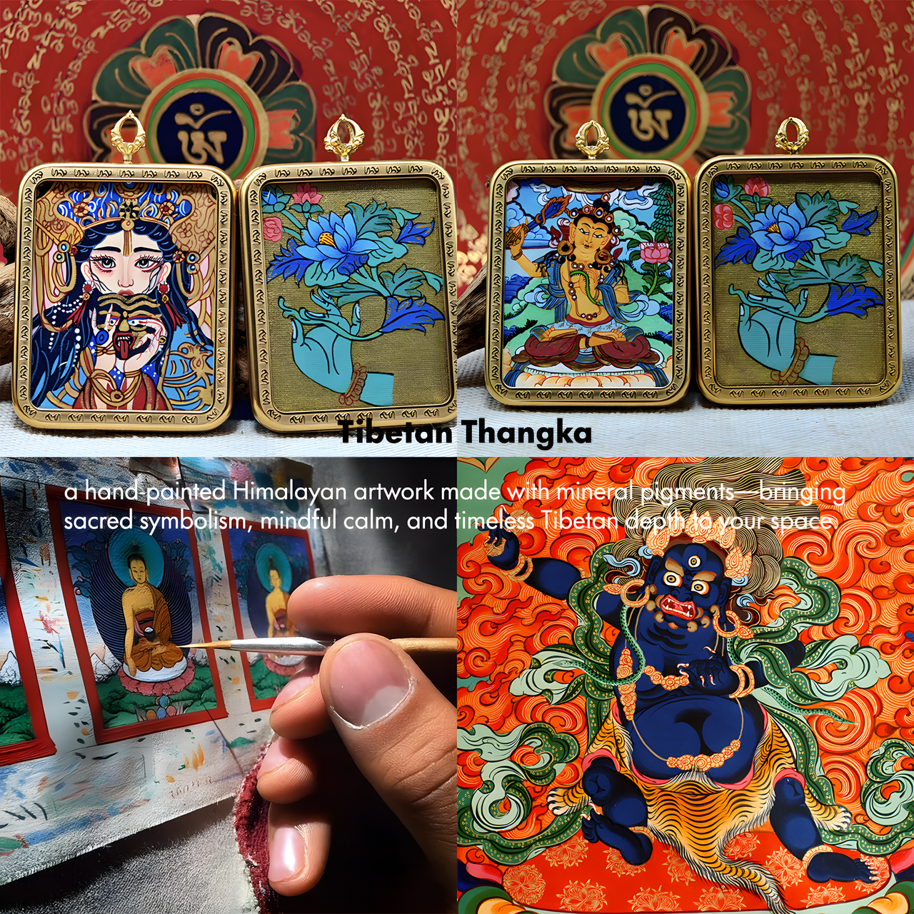 Tibetan Thangka painting process showing hand-painted Himalayan artwork with mineral pigments
