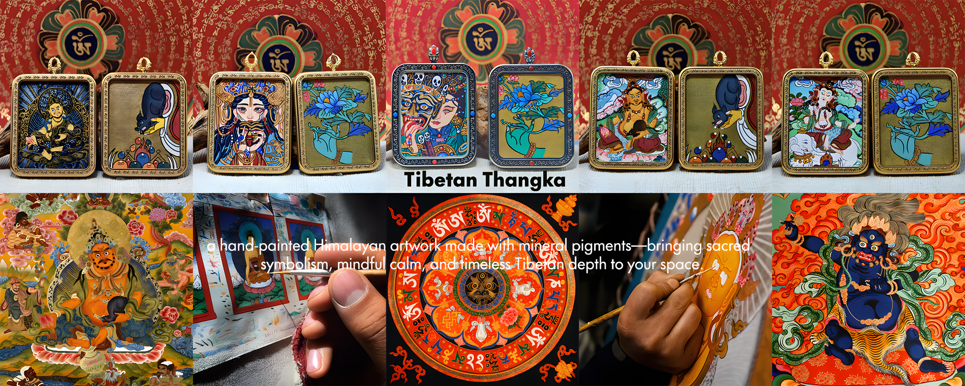 Tibetan Thangka painting process showing hand-painted Himalayan artwork with mineral pigments