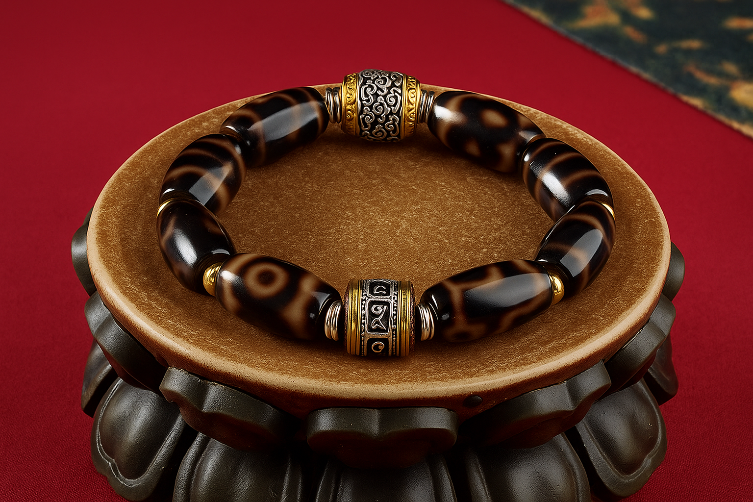 Tibetan agate bracelet with brown patterned beads , symbolizing protection and grounding energy