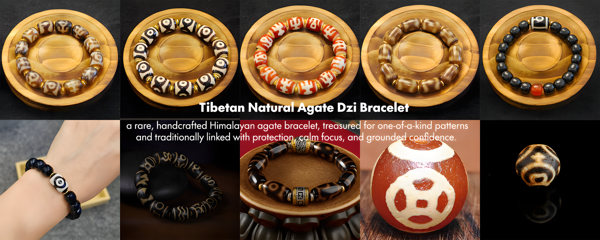 Tibetan natural agate Dzi bracelet handcrafted from Himalayan patterned agate beads