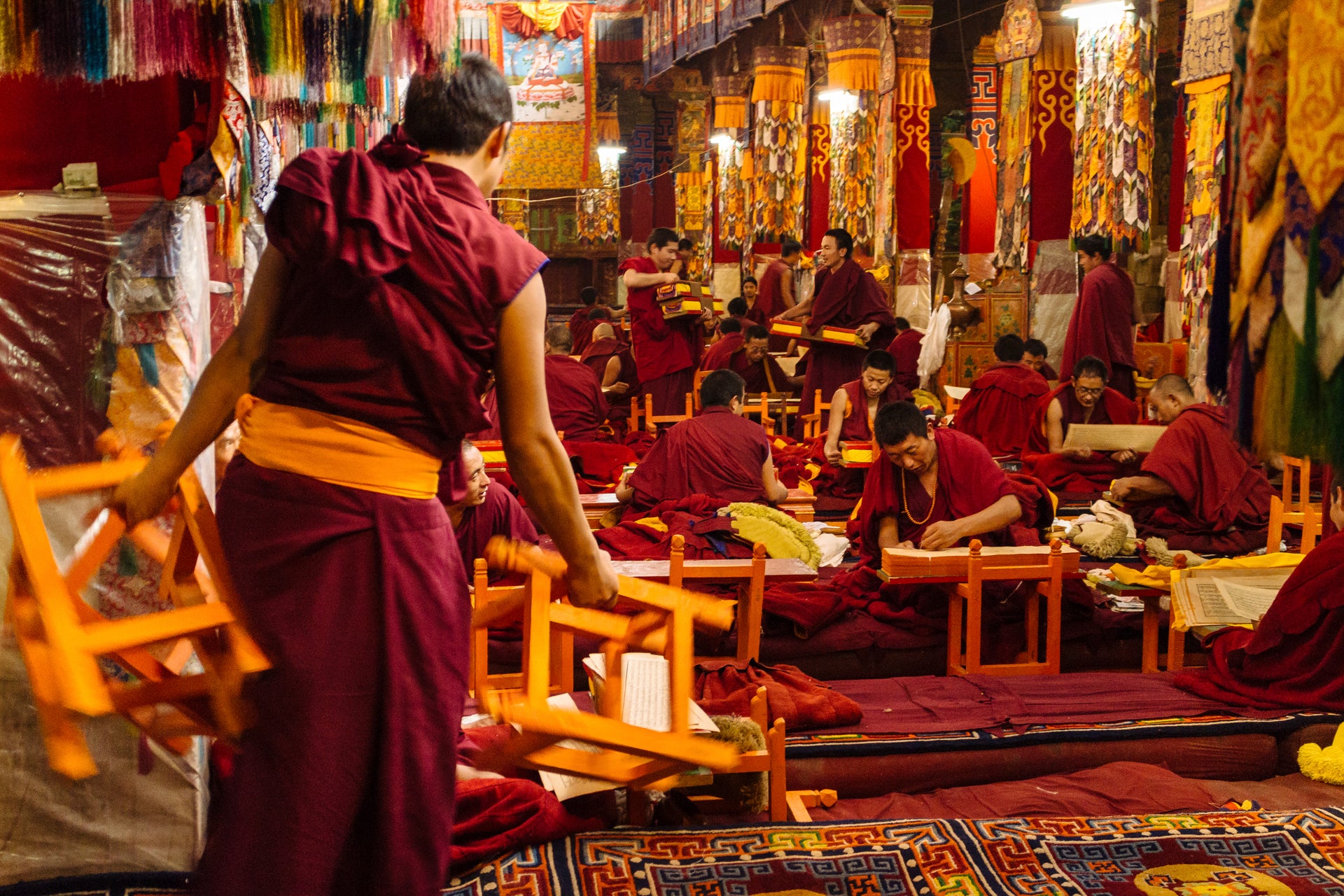 Tibetan ritual ceremony inside a traditional monastery